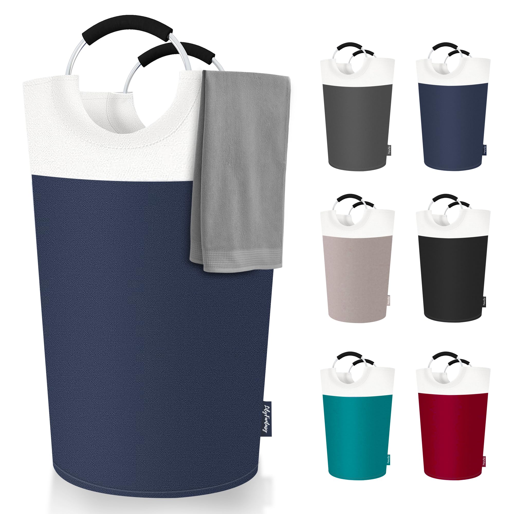 LilyFantasy 125L Laundry Basket, Collapsible Laundry Hamper with Padded Handles, Waterproof Laundry Bag, Tall Clothes Hamper Stand Up Well, Foldable Laundry Baskets for Easy Storage(Navy Blue)