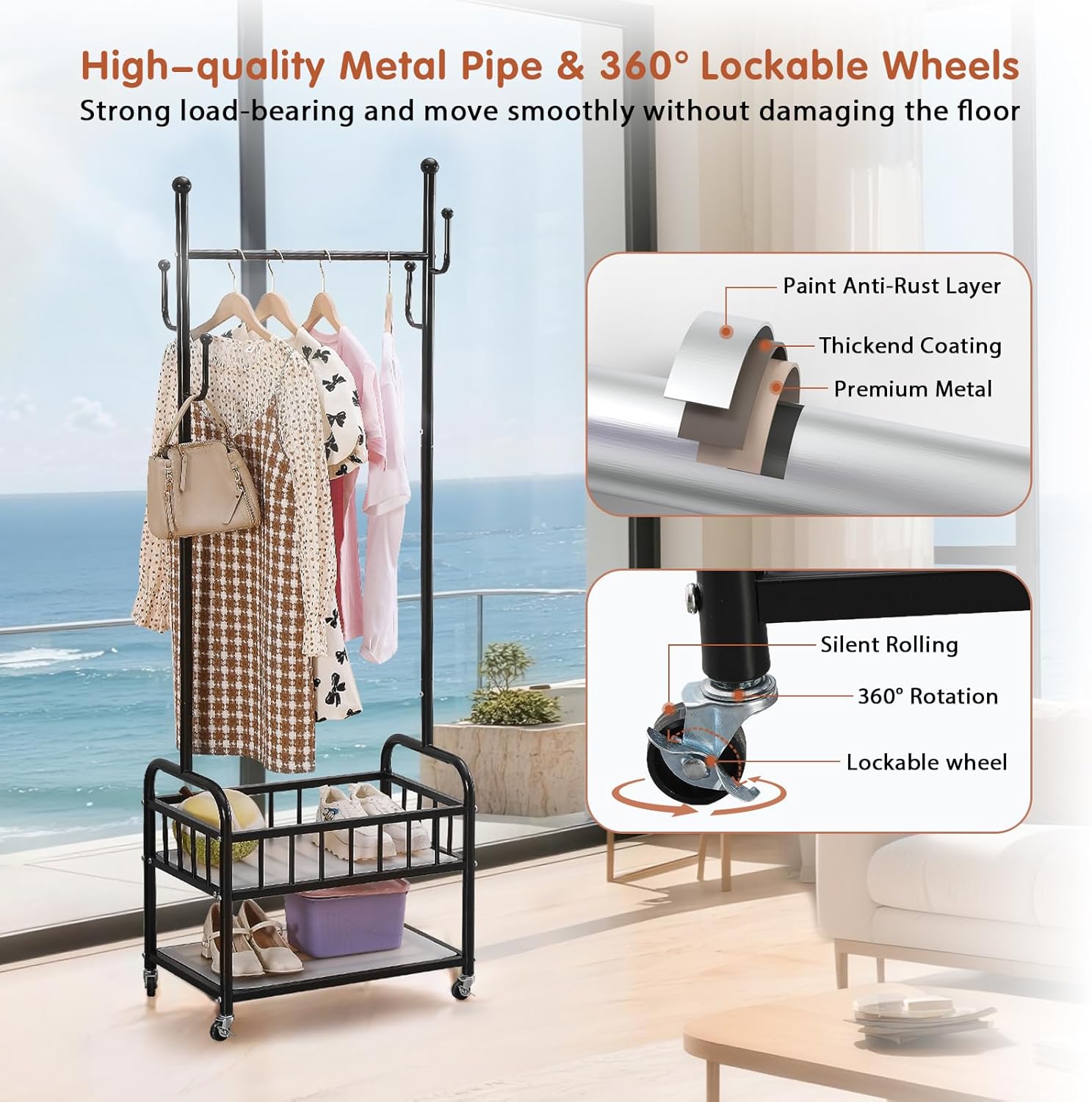 BOOSDEN Portable Clothes Rack on Wheels, Clothing Racks for Hanging Clothes, Rolling Garment Rack with 2 Storage Shelves and 4 Hooks, Sturdy Freestanding Metal Cloth Rack for Small Space (Black)