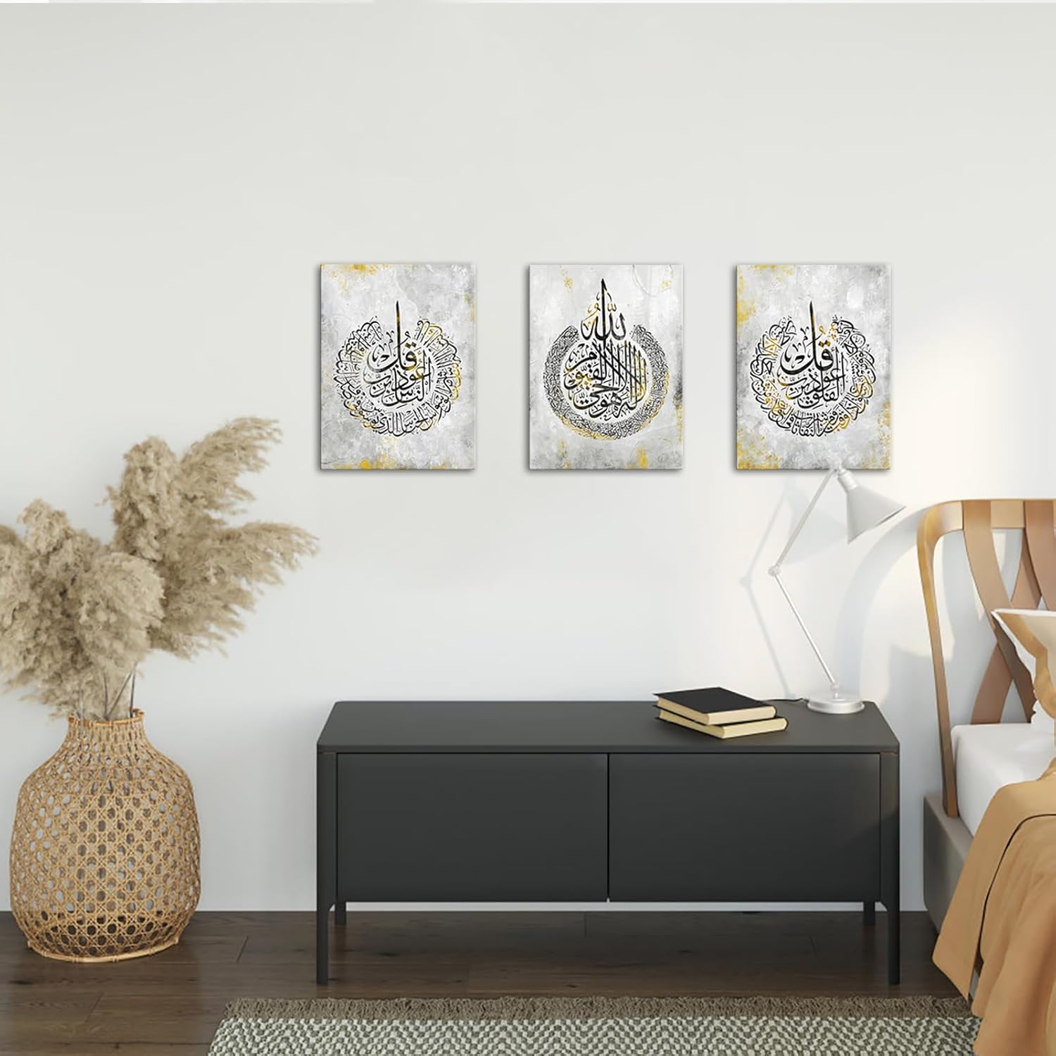 Canvbay Islamic Canvas Wall Art Ayatul Kursi Surah Al-Falaq and Surah Al-Nas Paintings Prints Arabic Calligraphy Artwork Black Gold Muslim Ramadan Poster Framed for Home Decor 12x16inchx3pcs