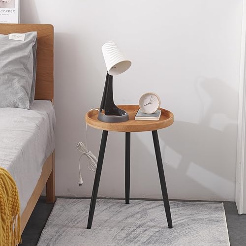 Miniatura 4 de Welnow Mesa auxiliar redonda, mesa de café, bandeja de madera natural, mesa de noche de escritorio con patas de metal para sala de estar,