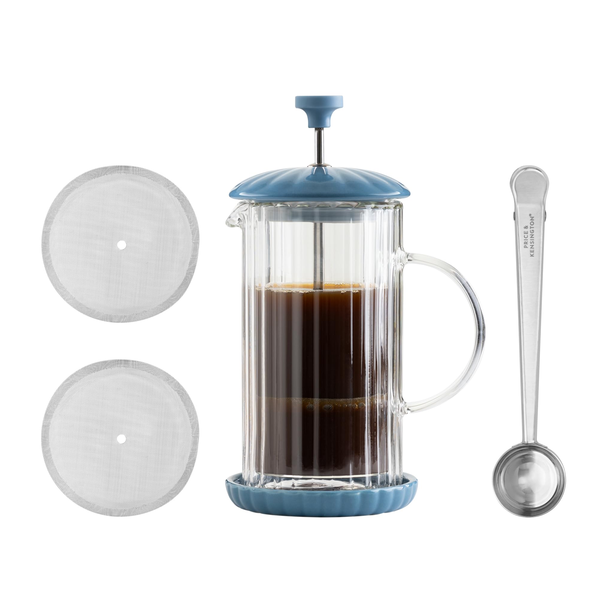 Price & Kensington Luxe French Press Bluebell Cafetiere 350 ml (do 1-1,5 małych filiżanek), ekspres do kawy z podwójną ścianką z filtrem tłokowym ze stali nierdzewnej, ceramiczna podstawka