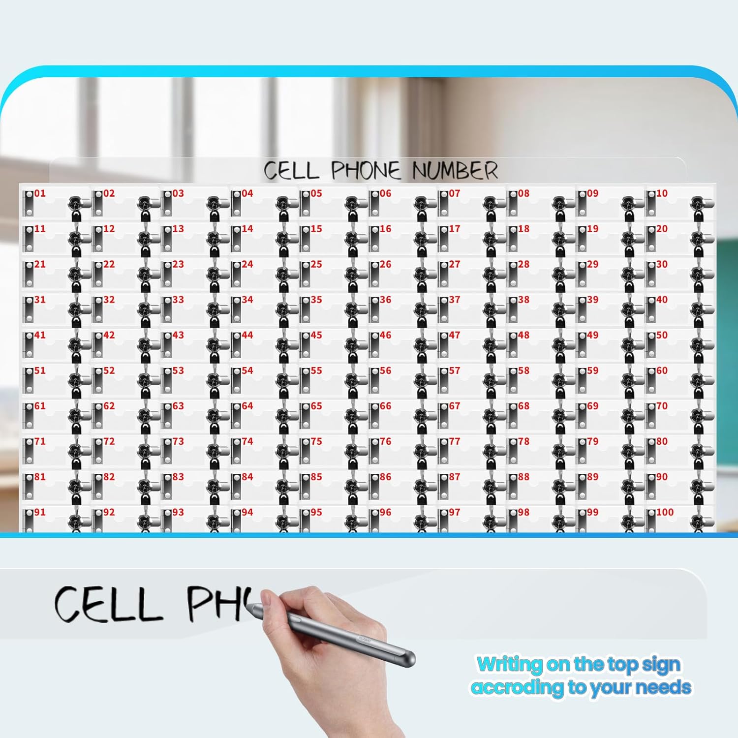 100 Slots Cell Phone Locker, Acrylic Phone Locker with Independent Locks and Keys, Wall-Mounted Phone Jail Storage Cabinet - Durable, Clear, No Assembly Required for School, Office Gym