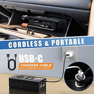 Tire Inflator Portable Air Compressor, 150PSI Cordless Air Pump For Car Tires, Bike Pump, Motorcycle, Balls with Digital Pressure Gauge, LED Light and Auto Shut-Off Function, Car Accessories, Black