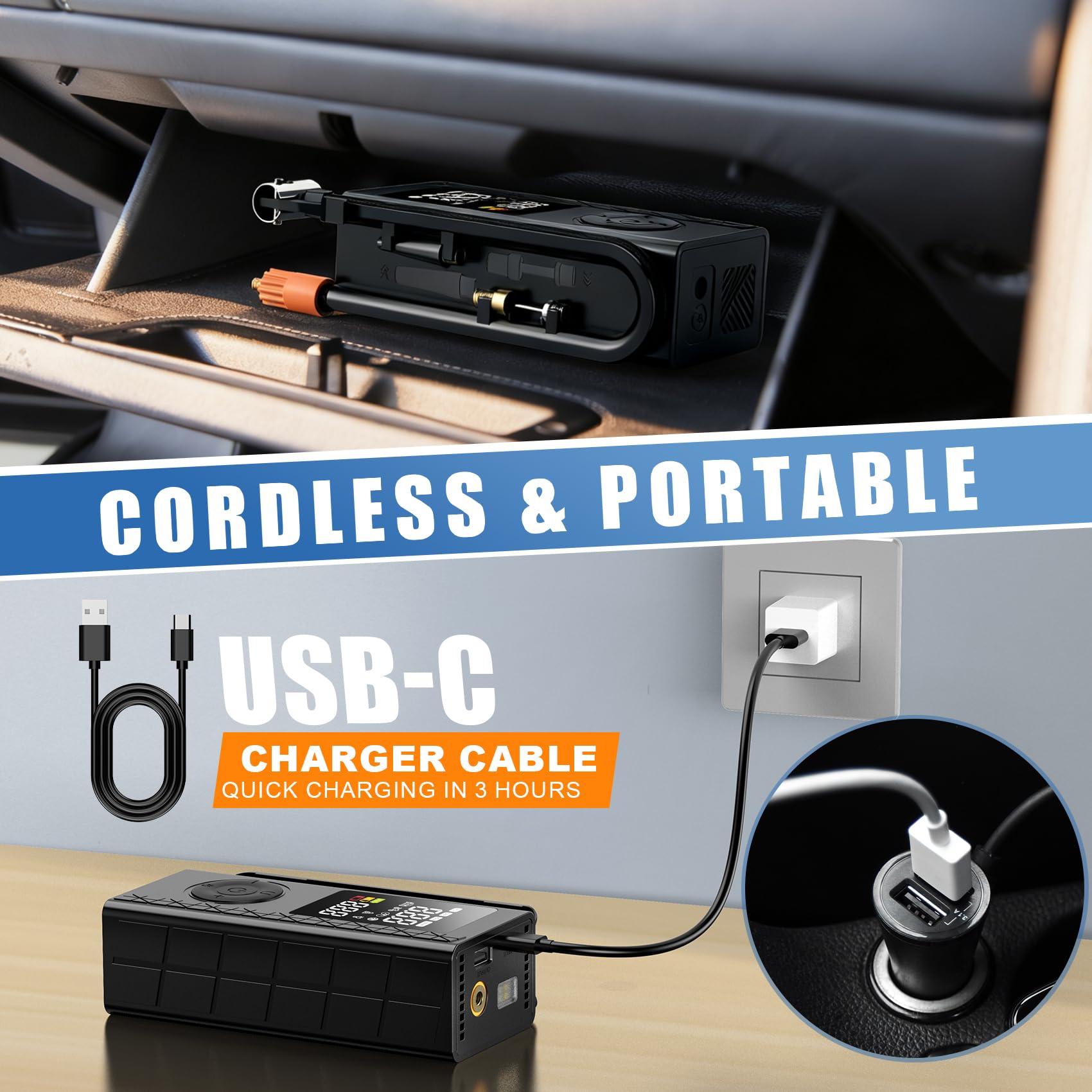 Tire Inflator Portable Air Compressor 150PSI Cordless Air Pump For Car Tires Bike Pump Motorcycle Balls with Digital — view 5