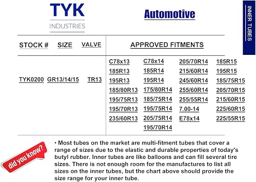 TYK Industries 185/75R14 Automotive Tire Inner Tube, Heavy Duty Replacement 205/70R14, 205/75R14 Tire Tube for Light Truck and SUV with TR13 Short Rubber Valve Stem