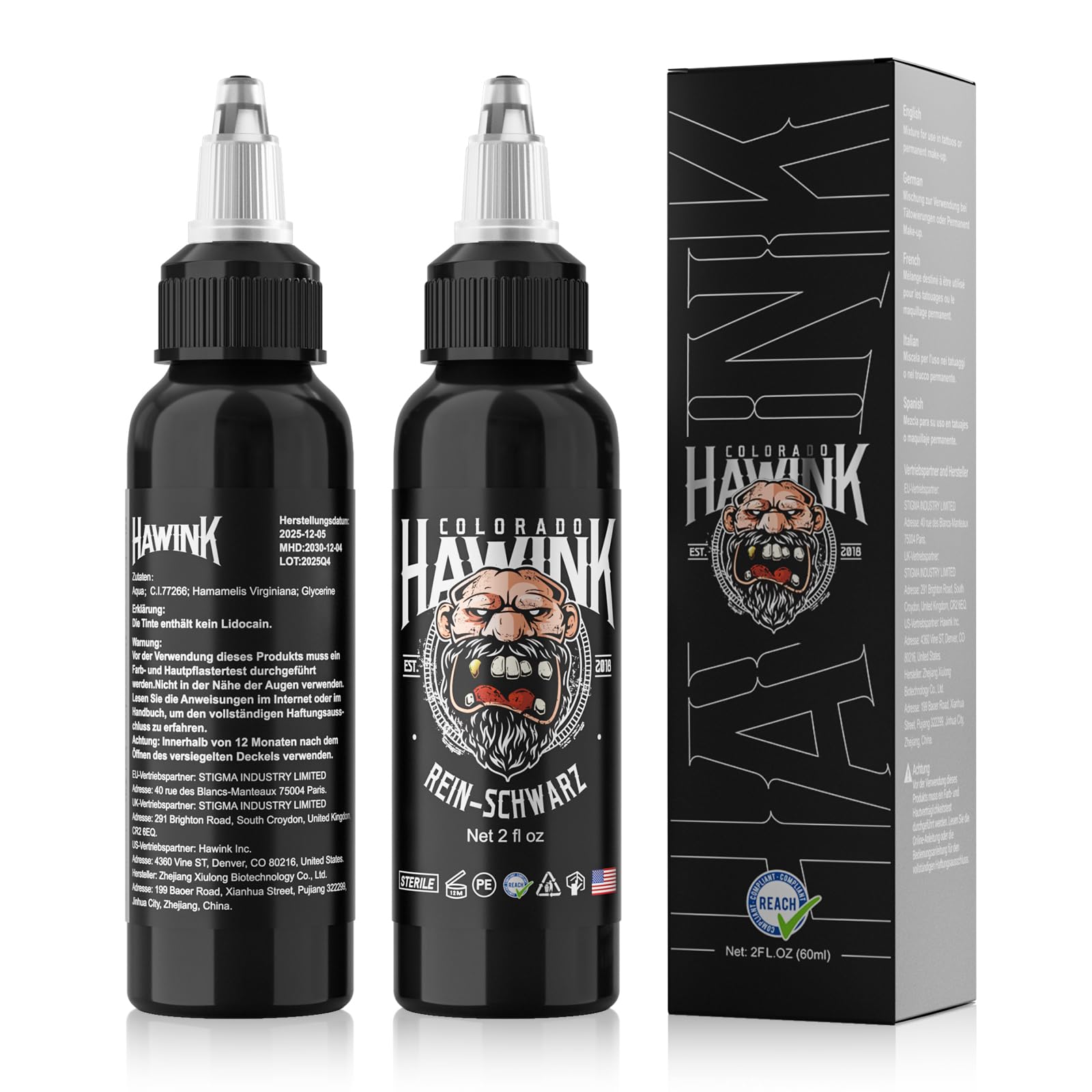 HAWINK Tinta Negro Puro Tatuaje Profesional 1 Botella de 2oz (60ml) Tattoo Ink Black TI203DE-60-001