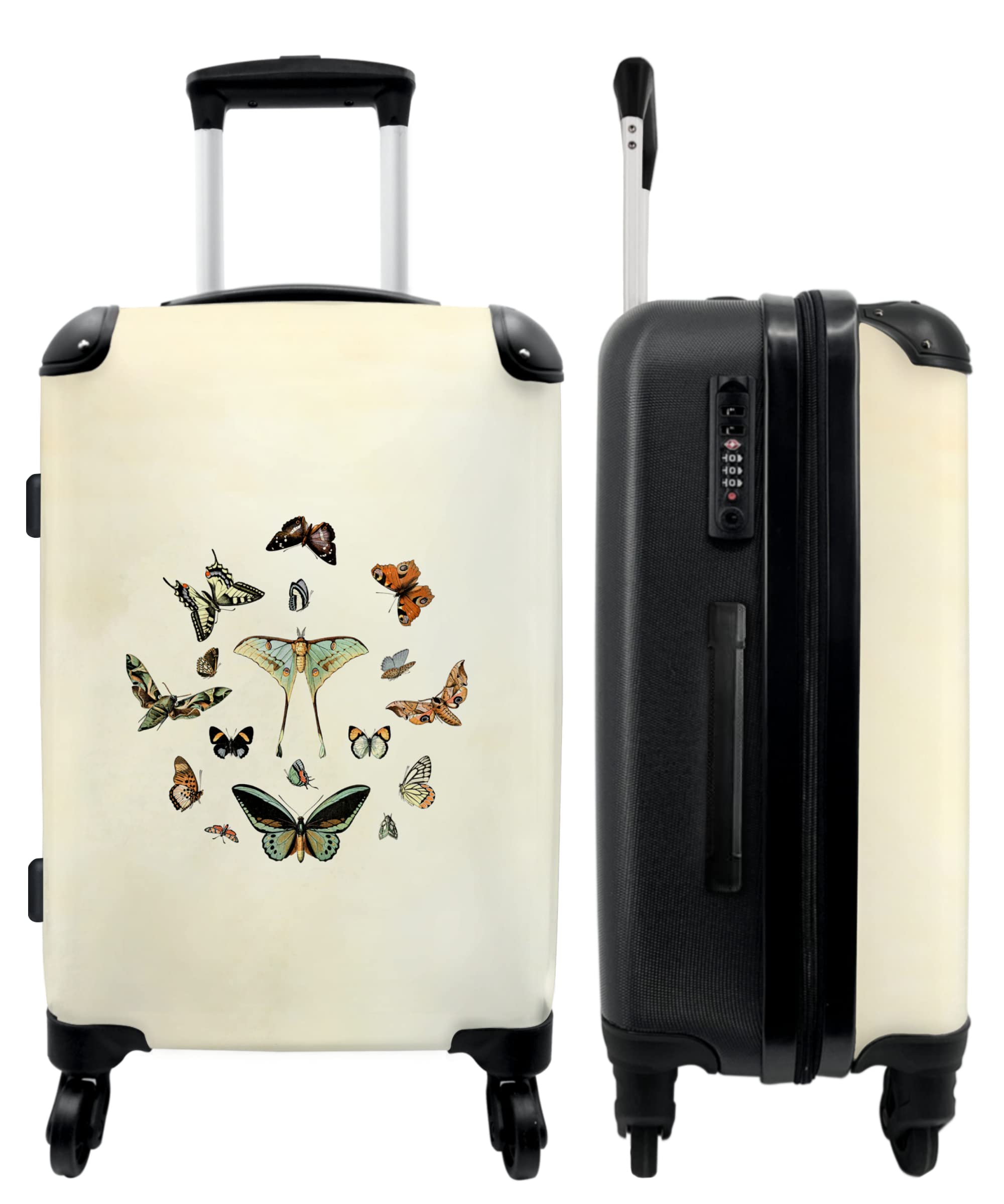 NoBoringSuitcases© Valigia Grande - 90 Litri | Farfalle - Vintage - Insetti - Blu - Marrone - Chiusura a Combinazione TSA - Trolley Rigido 4 Ruote