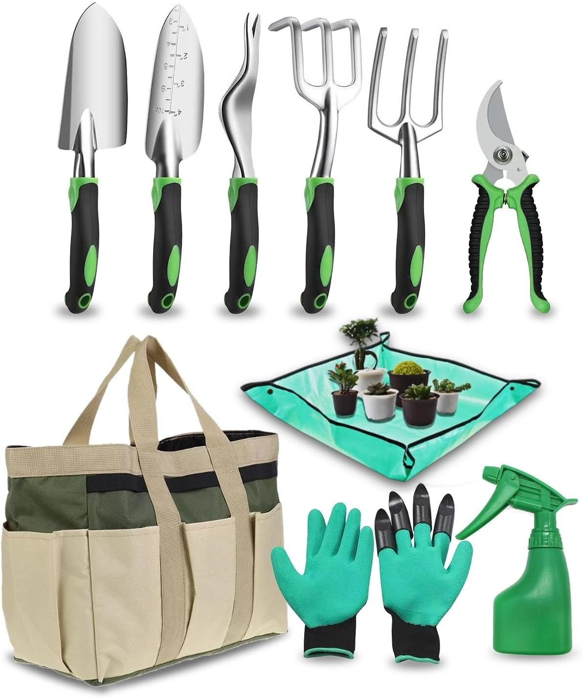 Garden Tool Set, Heavy Duty Gardening Tools with Non-Slip Rubber Grip, Includes Shovel Trowel Fork Rake Gardening Gloves Organizer Handbag, Gifts for Women and Men (Professional Set (10 PCS))