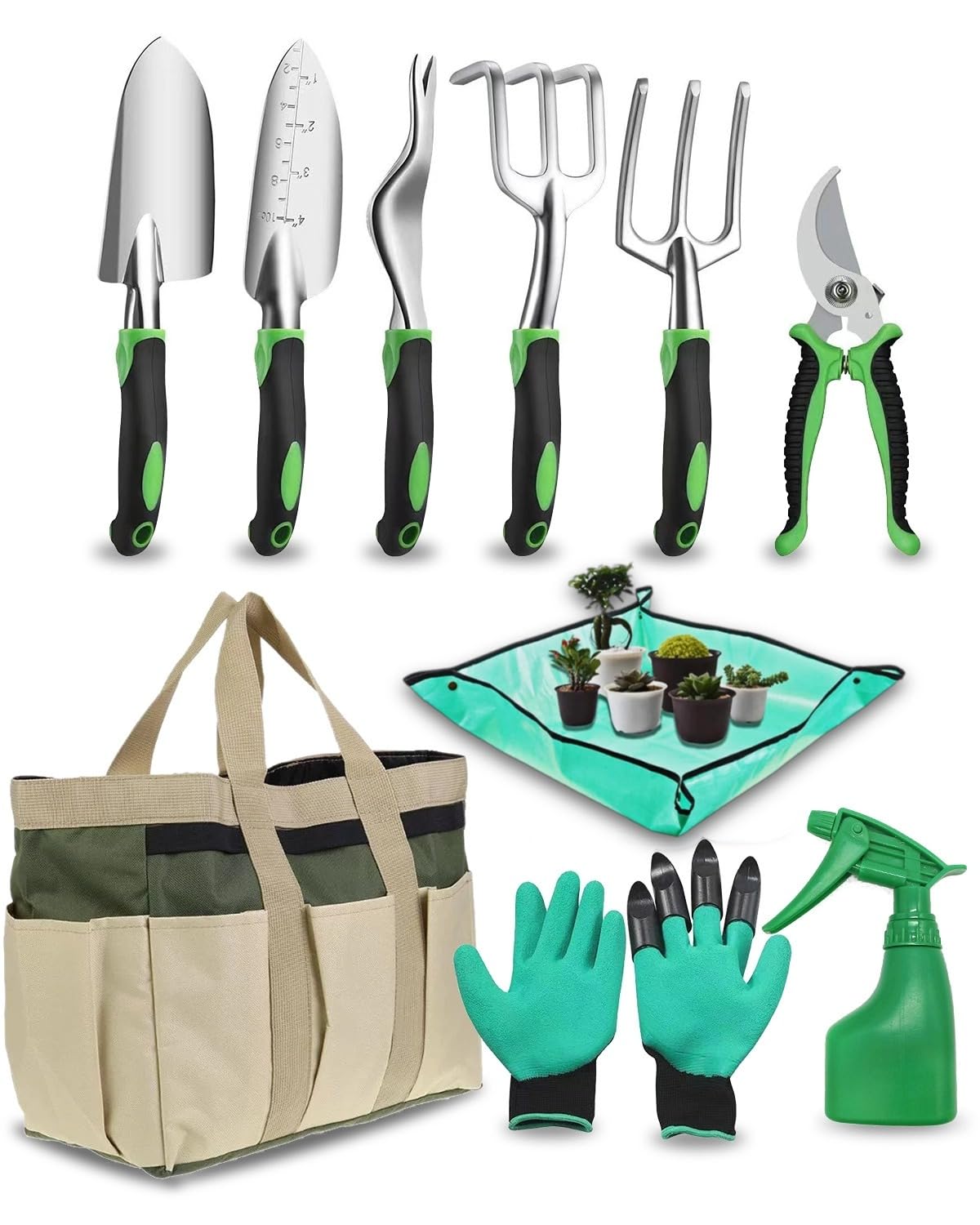 Juego de 10 herramientas de jardín, herramientas de jardinería resistentes con agarre de goma antideslizante, incluye pala, tenedor, rastrillo, guantes de jardinería, bolsa organizadora, regalos para