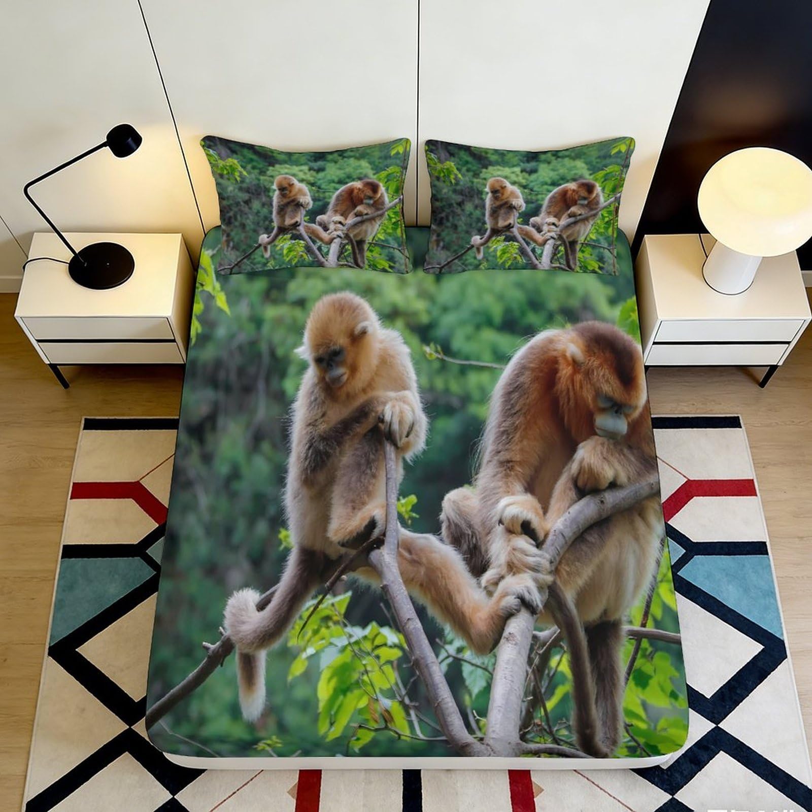 3D Printed Monkey Fitted Sheet Microfiber Deep Pocket Non-Slip Bedroom Bedding Monkey Mattress Fitted Cover Washable for Adults Teens 120x200x25cm