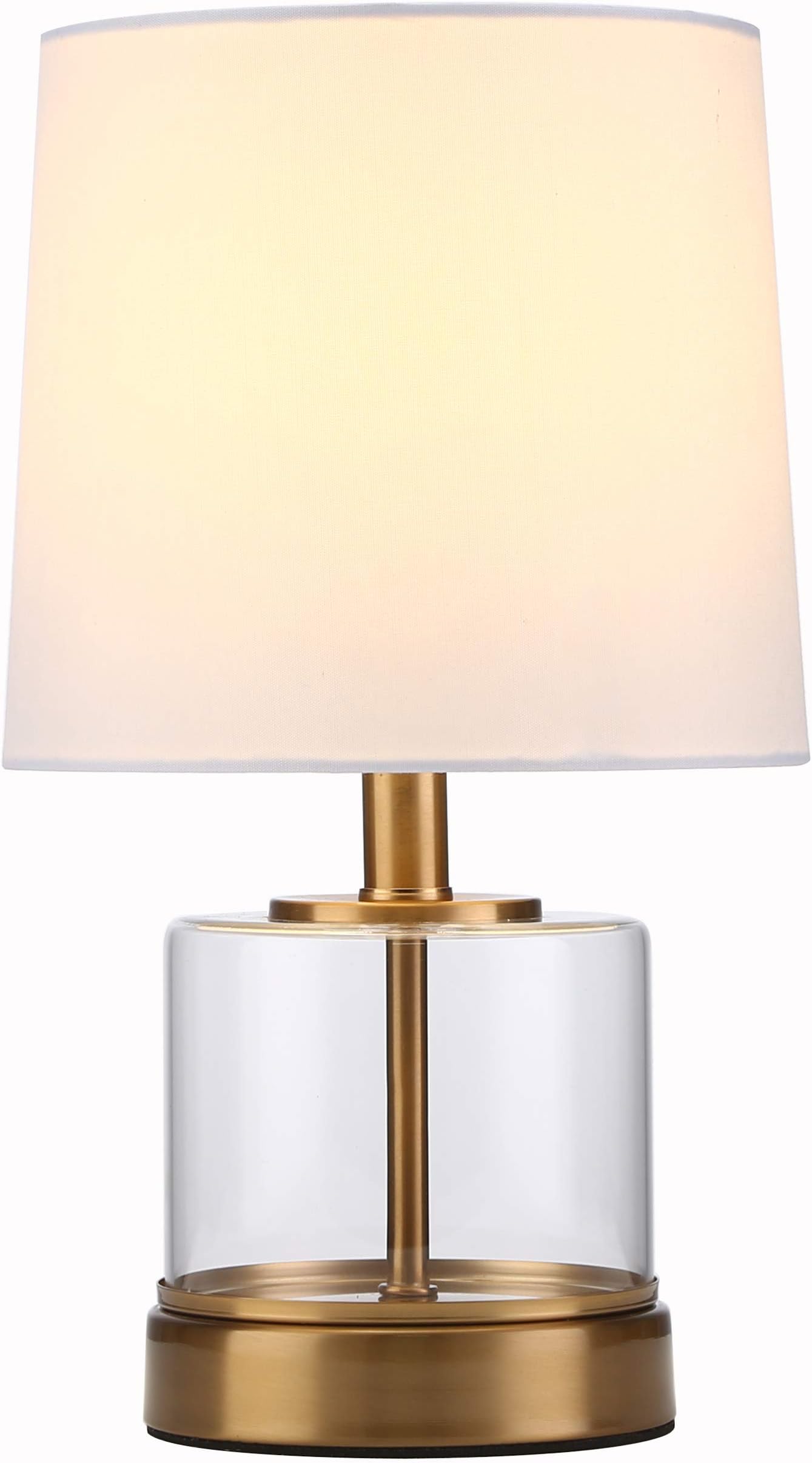 Small Accent Glass Gold Table Lamp,Nightstand Side Desk Lamp with White Fabric Drum Shade Clear Glass Brass Base for Bedroom Living Room Bedside