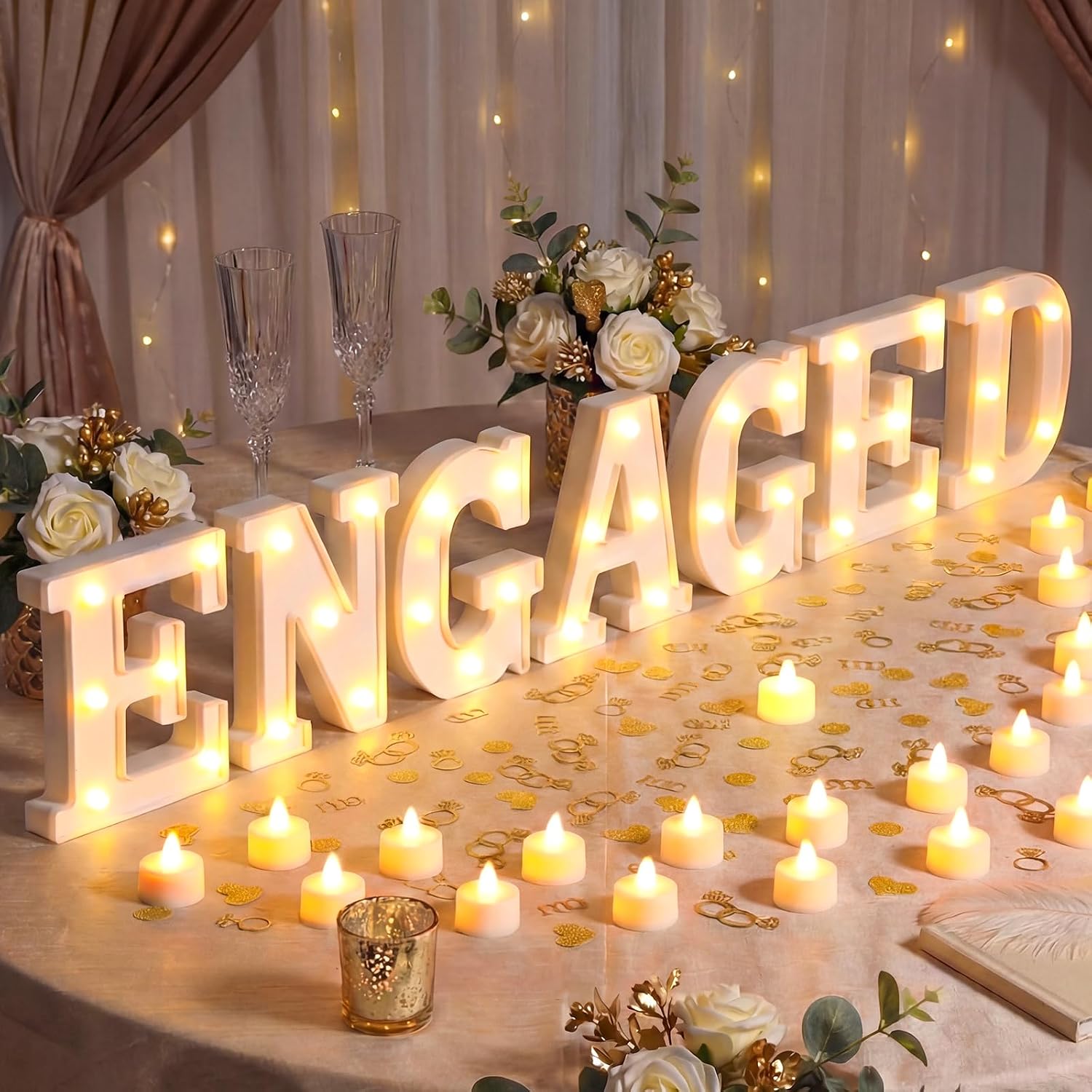 Engagement Party Decorations 7 Pcs 6.3" Engaged LED Light up Letter Sign 24 Realistic Flameless Tealights Gold I Do Confetti Proposal Table Decor for Engagement Wedding Bridal Shower Party
