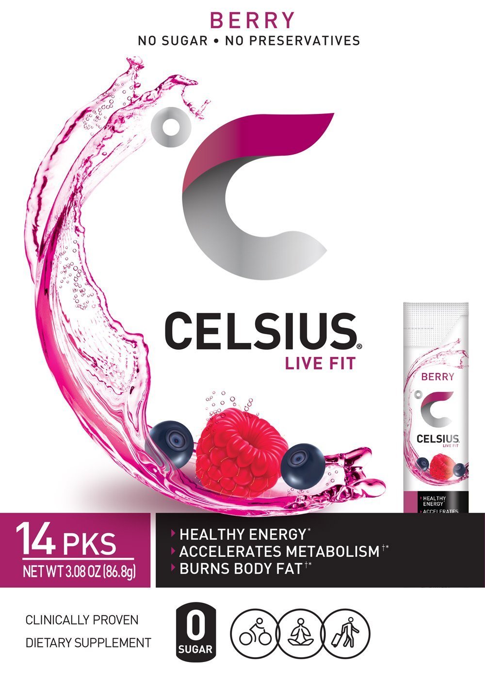 CELSIUS On-the-Go Powder Stick Packs, Zero Sugar (14 Sticks per Pack), Berry, 3.08 Ounce