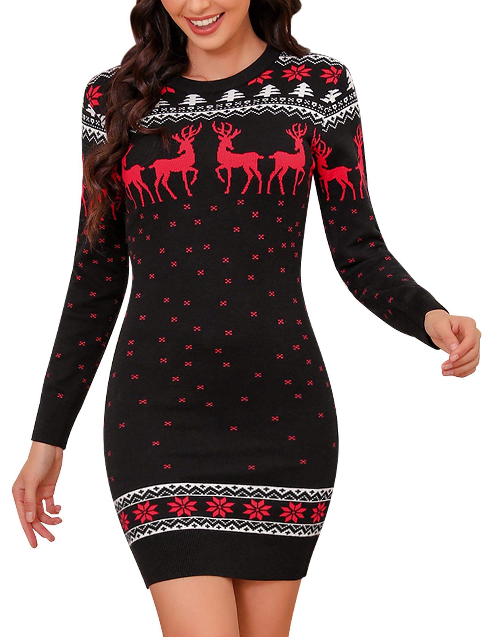 Irevial Robe Pull Noël Femme Col Rond Manches Longues Motif Maille Chaude | Renne flocon arbre, maille chaude, coupe confortable, fête famille, automne hiver