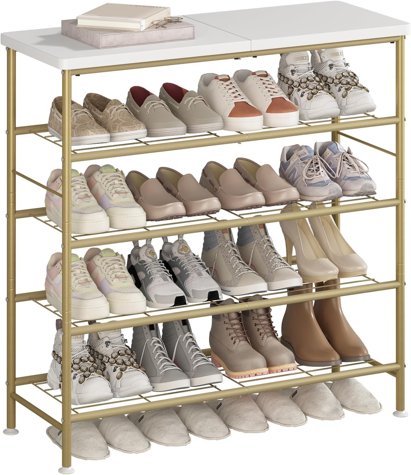 SUOERNUO Shoe Rack Organizer 5 Tier for Closet Entryway Free Standing Metal Storage Shoe Shelf with MDF Top Board，Gold