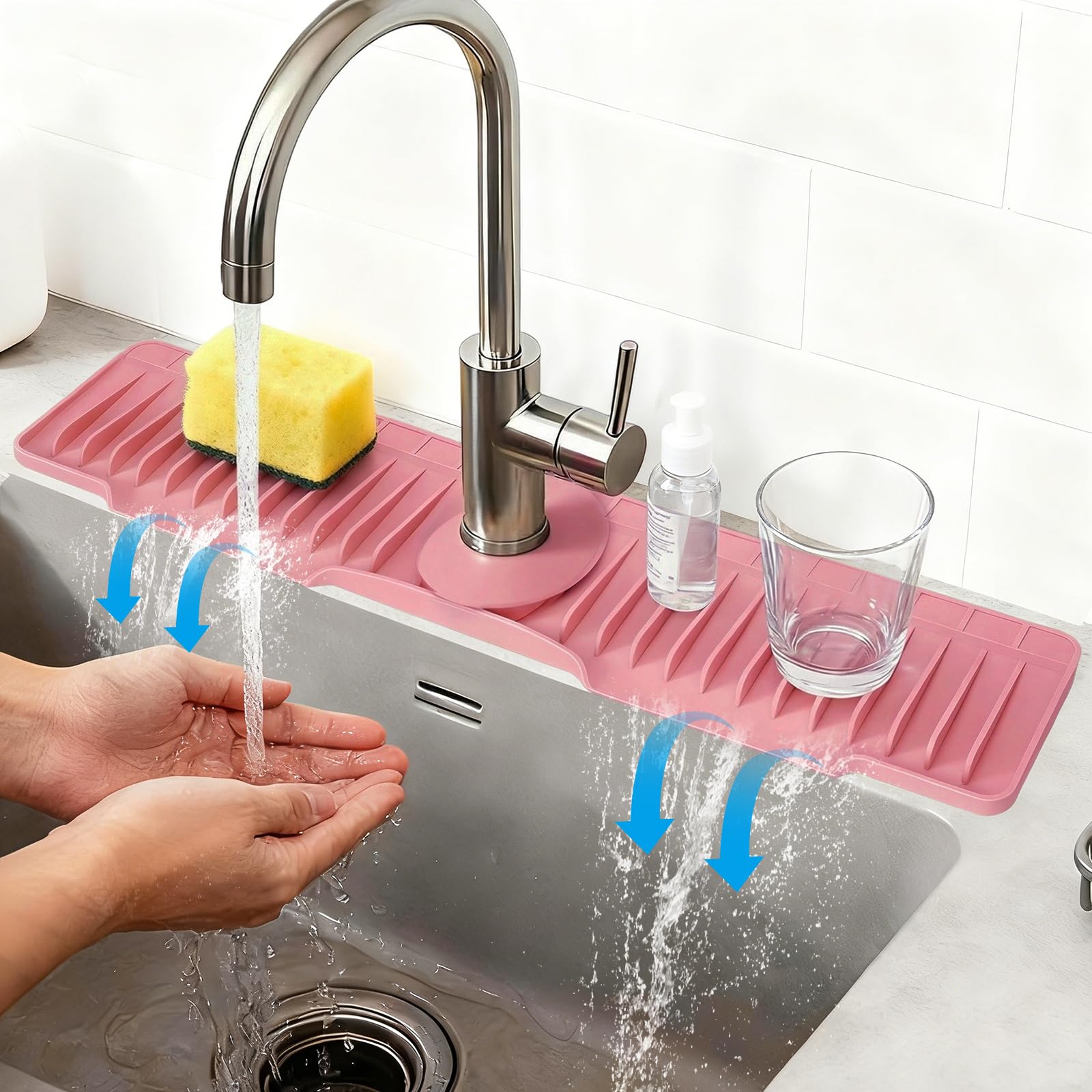 24" Silicone Faucet Mat for Kitchen Sink Released in 2026,8° Slope Fast Self-draining-Kitchen Sink Splash Guard,Bathroom Kitchen Sink Area Water Splash Guard Behind Faucet Draining Mat(Pink)