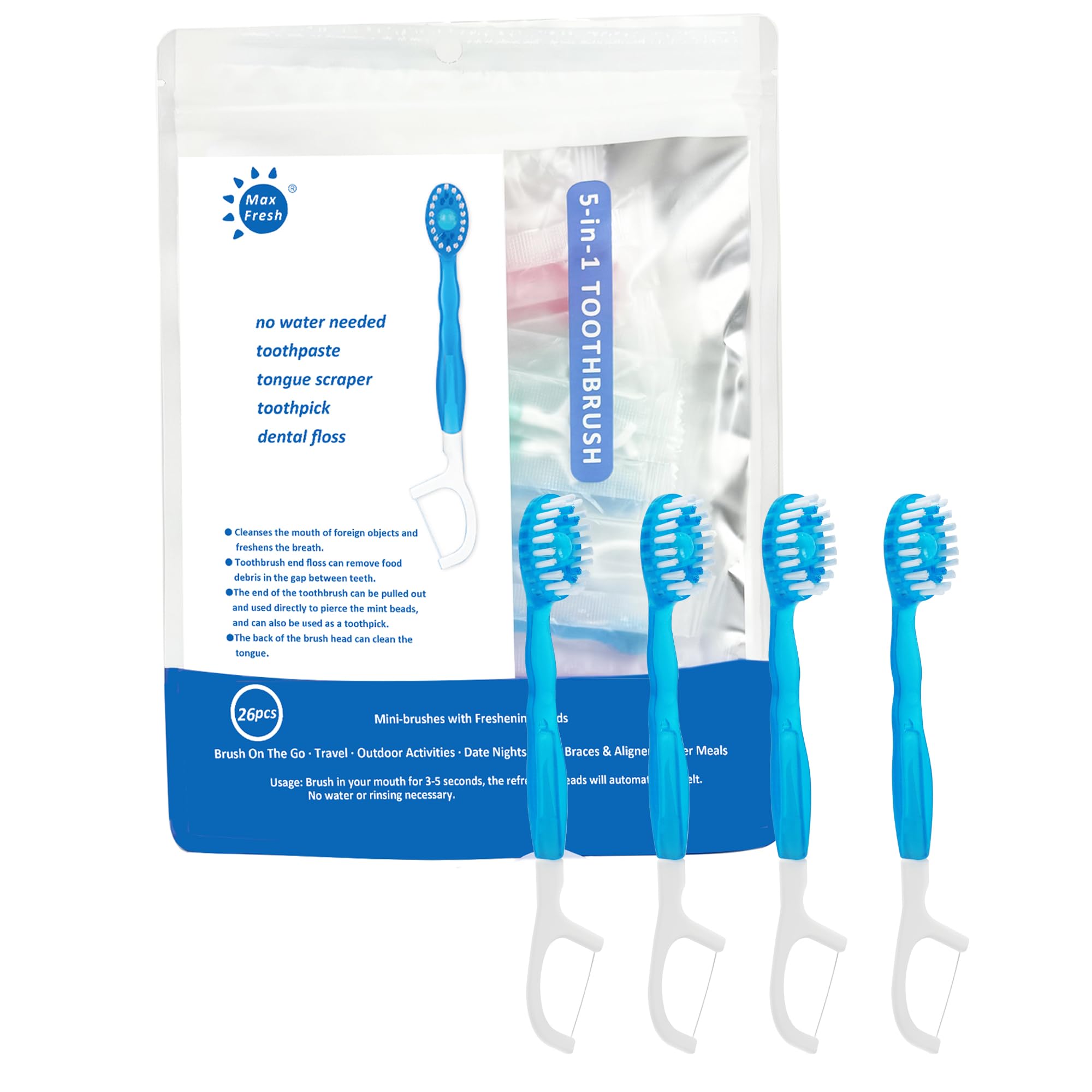 Malisseladi 5 in 1 Mini Brushes-Disposable Toothbrushes with Toothpaste + Floss + Pick + Tongue Scraper | Travel Size | Individually Wrapped | Soft | Mint | Travel Set (Mint, 26 pcs)