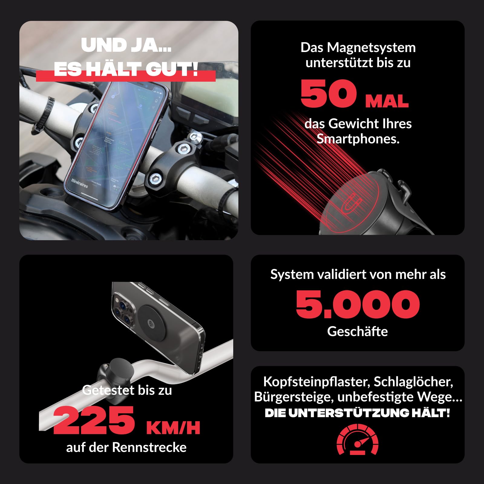 Shapeheart Magnetische Motorrad Handyhalterung - Einhandbedienung - Universal Lenkerhalterung Motorrad, Roller, E-Scooter - Inklusive Metallplatte - Sicherer Halt und Schnell Abnehmbar | Für glatte Handyhüllen | Lenker 20–50 mm | 1-Hand-Bedienung | Touchs