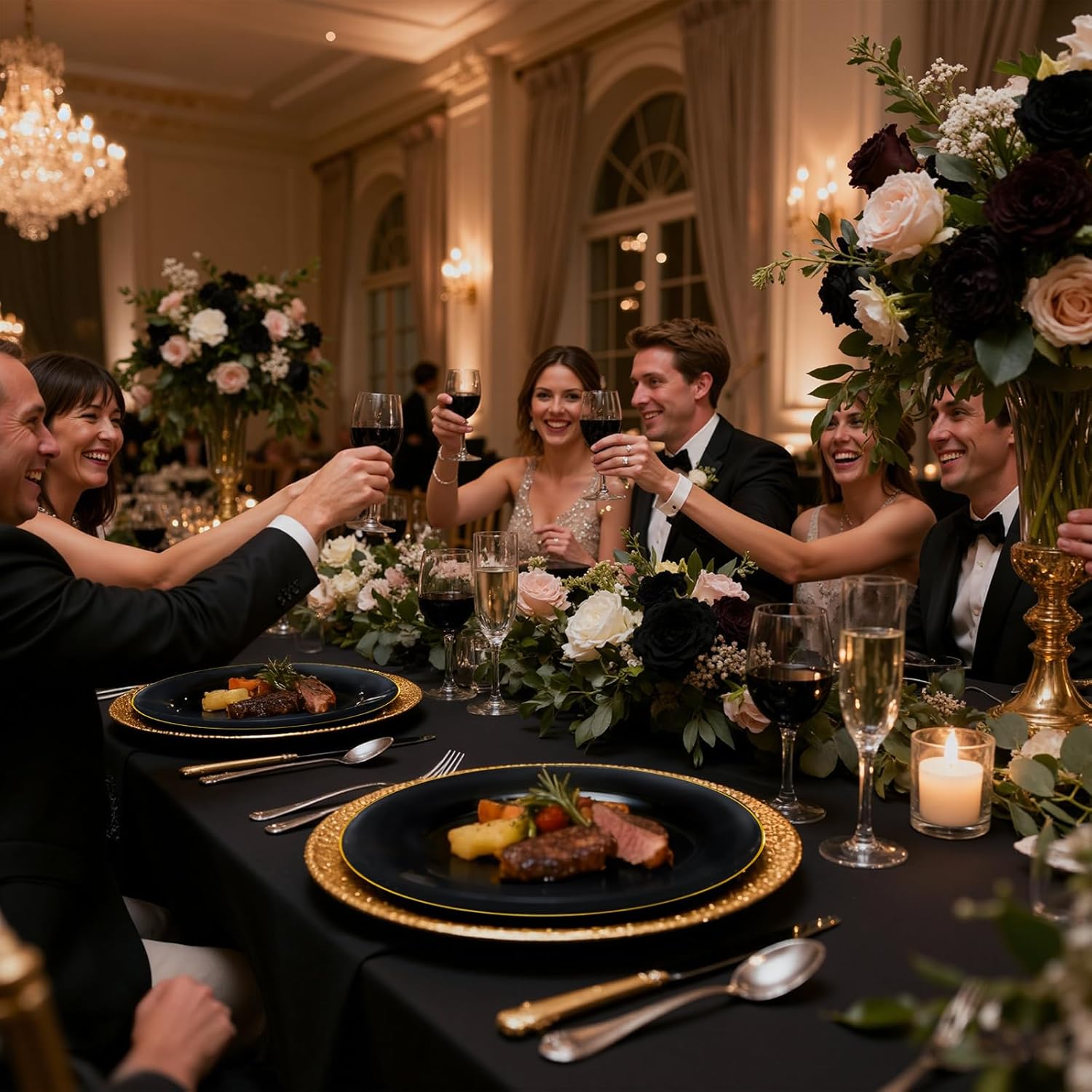 KIRE 100PCS Black and Gold Plates - Black Plastic Plates Disposable with Gold Rim for Halloween Party/Wedding/Birthday Include 50Pcs 10.25inch for Dinner and 50Pcs 7.5inch for Dessert/Salad