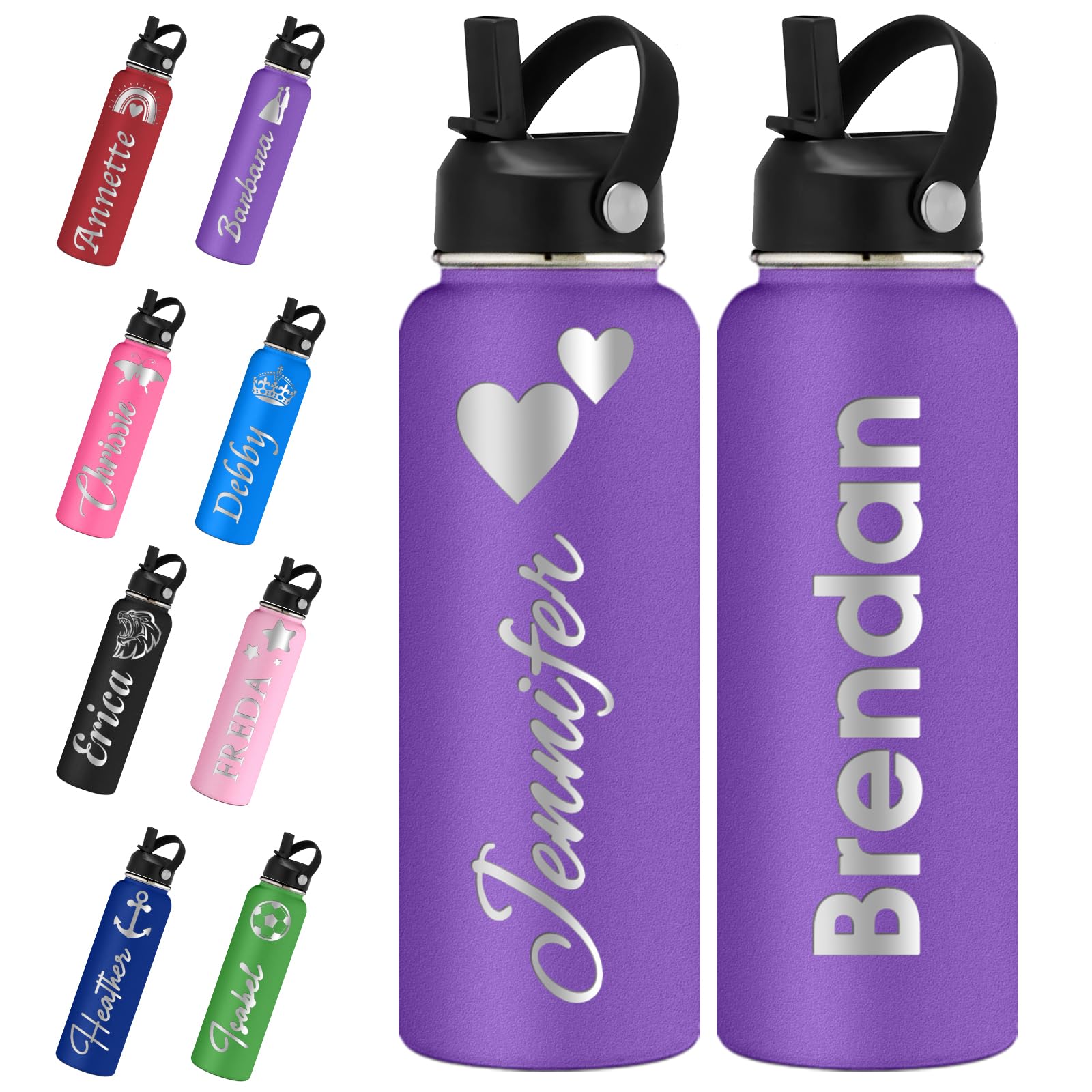 Personalized Water Bottles with Straw Lid 24/32/40oz Custom Engraved Name Logo Stainless Steel Insulated Bottle Customized Gift for School Sport Gym