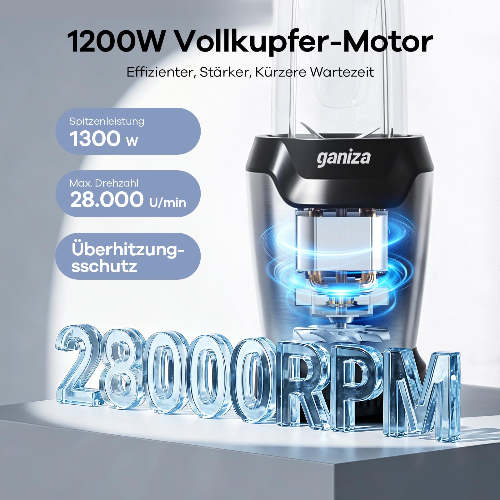 Ganiza Mixer, 1300W Smoothie Maker, Standmixer mit 3 Tragbare Mixbechern(2×1100ml & 1×660ml), Sechsklinge aus Edelstahl, BPA-Frei, Leicht zu Reinigen, Blender elektrisch für Milchshakes, Eis-Crush