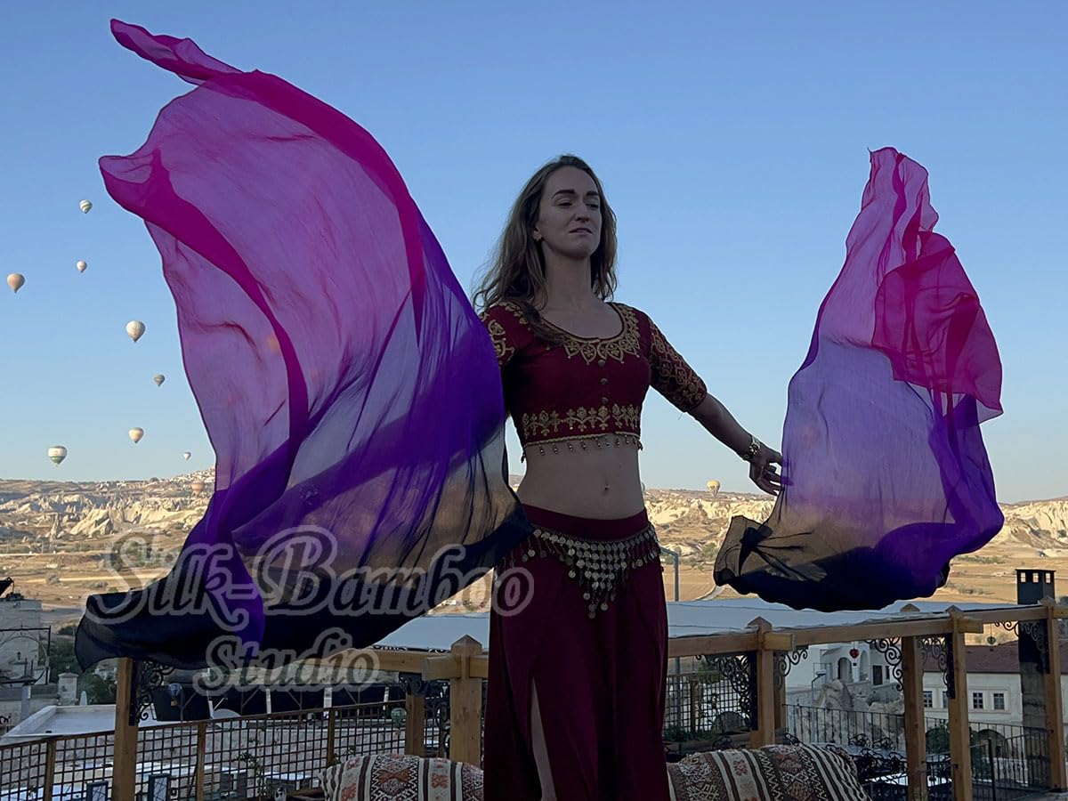 Winged Sirenny Paar Handgemalter Vielseitig Seidenfächer-Schleier mit Poi-Schnüren, Leichte 150cm Fächer-Pois für Bauchtanz, Tribal Dance, Bühnenshows & Spirituelle Tanz (schwarz-violett-rosa)