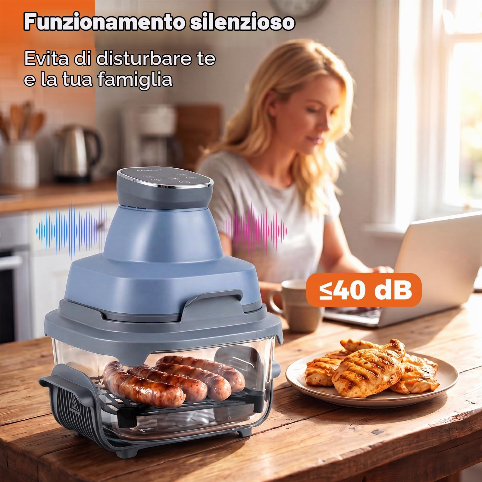 LIFEZEAL Friggitrice ad Aria 4L, 1500 W, 6 programmi, Friggitrice Aria con 2 Contenitori Vetro Rimovibili, Timer, Accessori Lavabili in Lavastoviglie, Portatile per Cucina Casa, Camping (Blu)