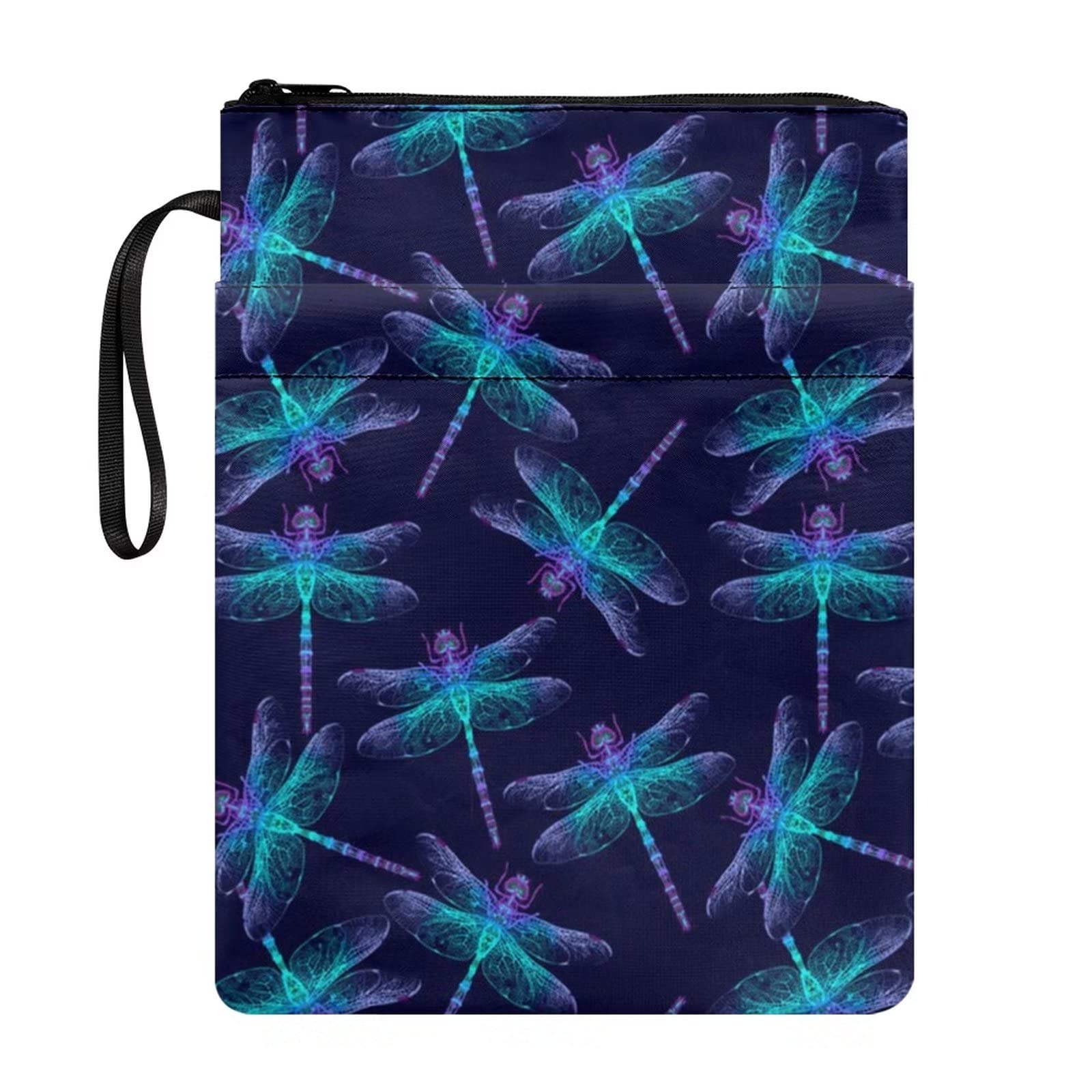 COEQINE Book Sleeve with Zipper and Handle Book Cover with Front Pocket and Strap, Blue Dragonfly Pattern — image 1