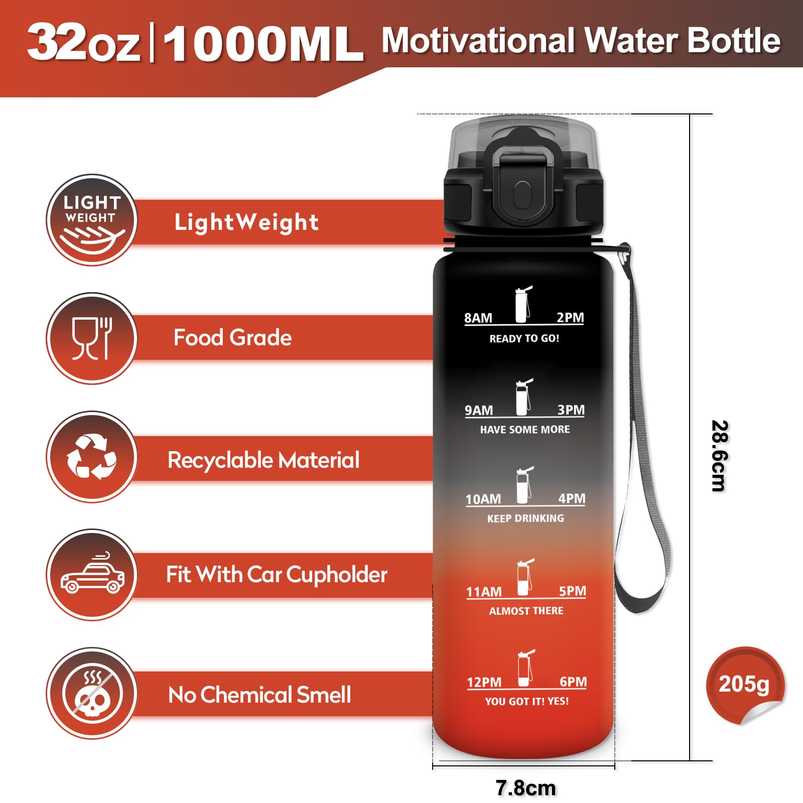 Borraccia 1L, Borraccia con Cannuccia e Indicatore del Tempo, Bottiglia Acqua Riutilizzabile, Bottiglia senza BPA, A Prova di Perdite, Borraccia Sport per Fitness, Studenti, Palestra, Ufficio