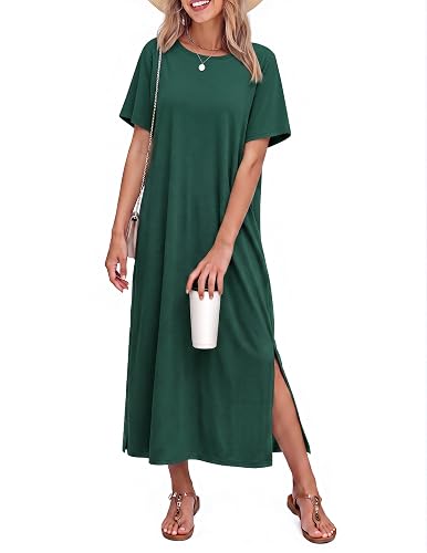 Ekouaer Lounge Dresses for Women Short Sleeve Sleepwear Cotton Full Length Sleep Shirts Oversized Sleep Shirts Green