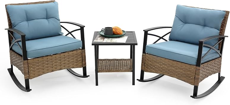 HOMEFUN Outdoor Rocking Chairs Set of 2, 3 Piece Patio Furniture with Thick Cushion, Bistro Table and Chair for Porch Backyard Outside, Blue