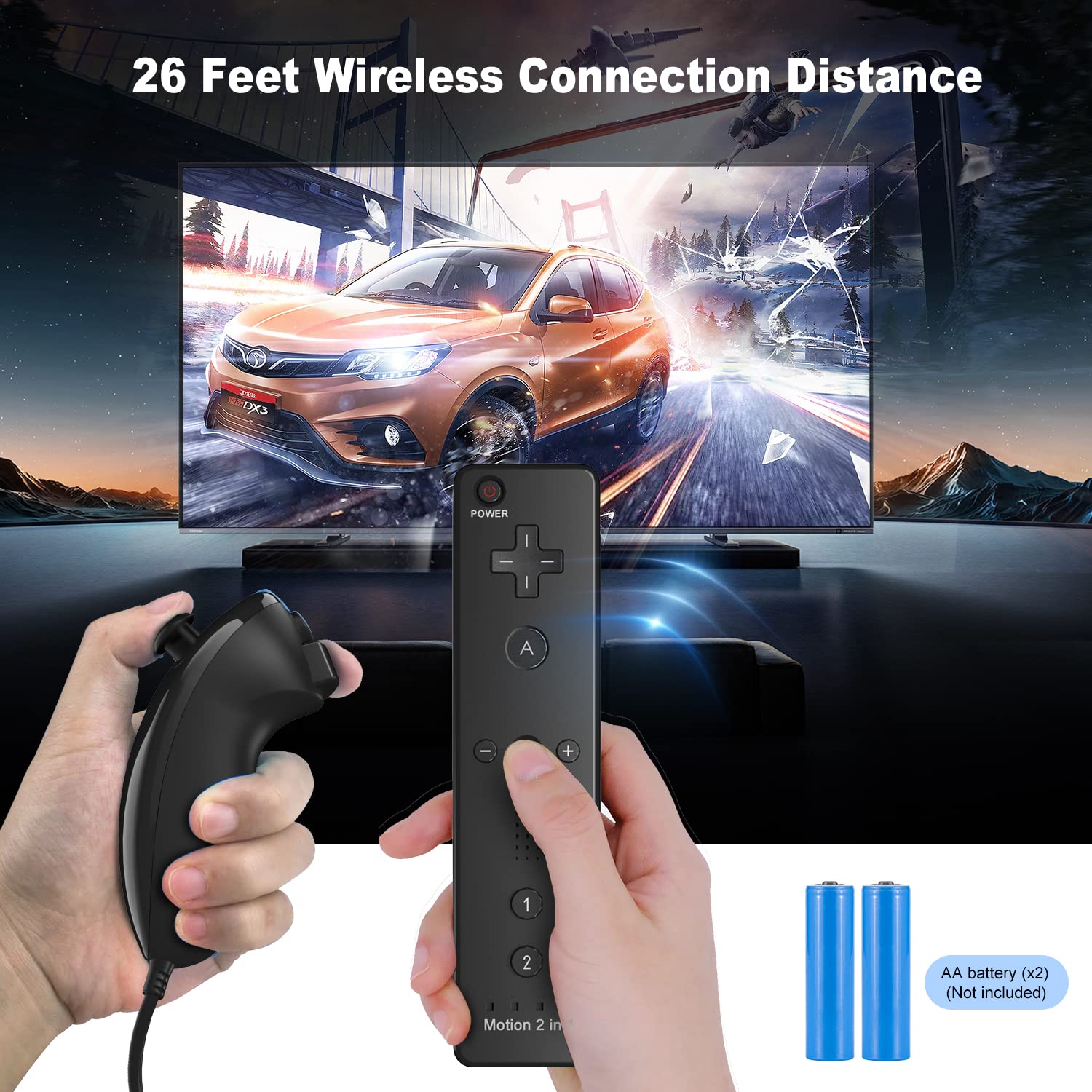 Crifeir Wii Remote 2 Pack with Silicone Case and Wrist Strap，Wii Remote with Nunchuck Compatible with Wii/Wii U Console(Black)