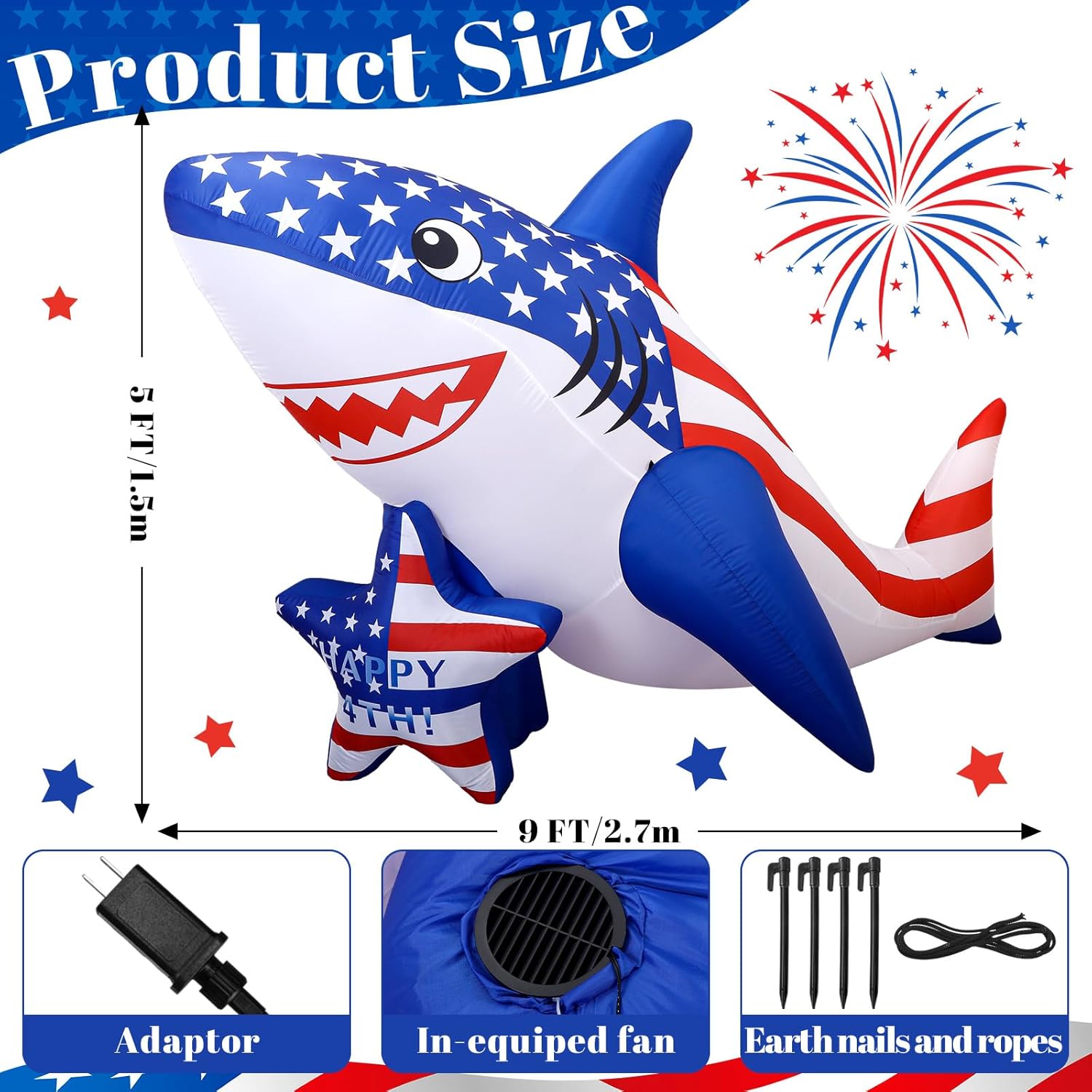 9 x 5 ft 4th of July Inflatable Patriotic Memorial Day Inflatable Outdoor Decorations LED 250th Anniversary Yard Decor Shark Shaped Blow up Yard Decoration for Garden Lawn