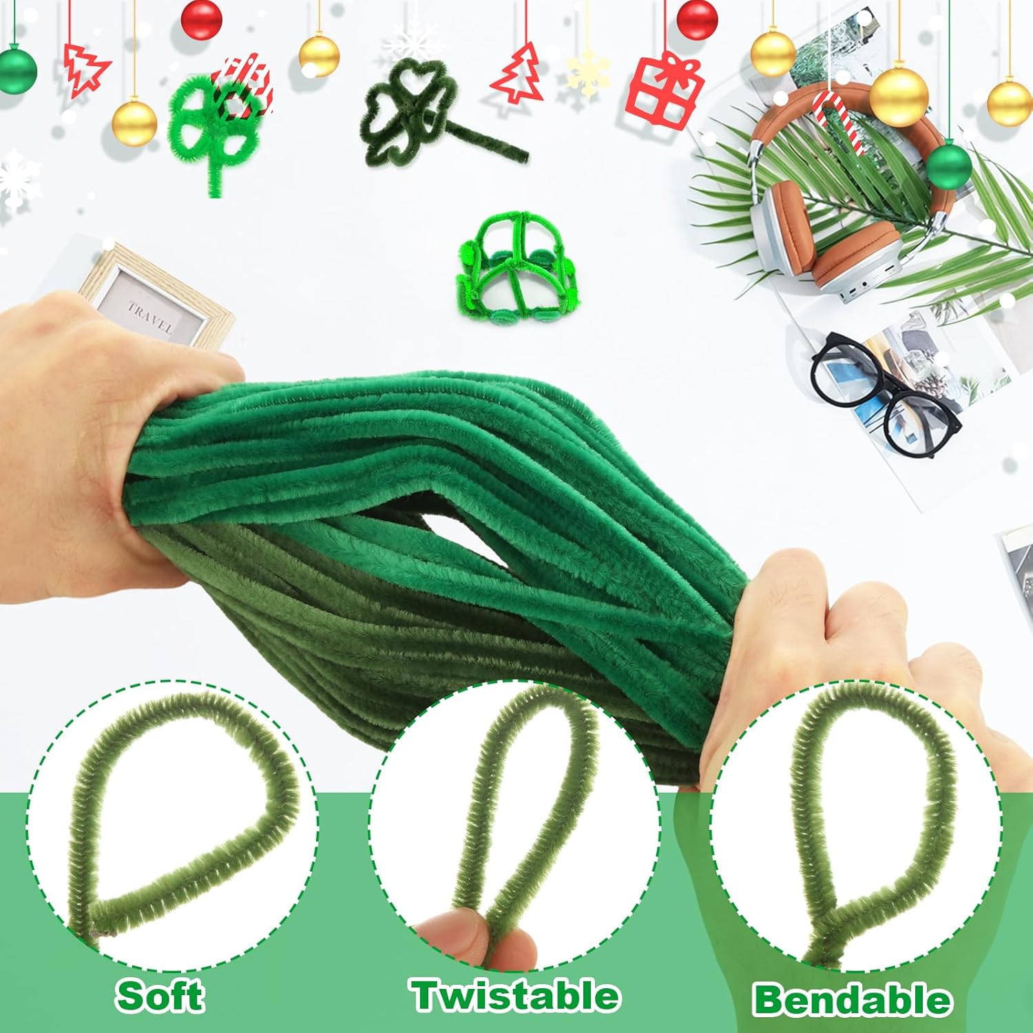 WOPPLXY 1500 Pieces Pipe Cleaners Chenille Stems, 12 Inch Craft Supplies Bulk for DIY Art and Craft Projects Creative Gift Wrapping Party Decorations (Green)