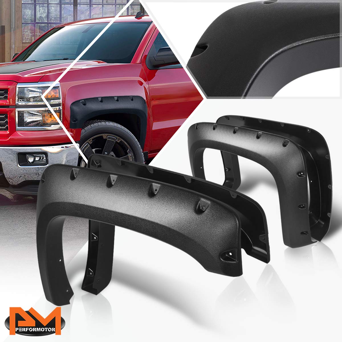 Textured Pocket-Riveted Wheel Fender Flares Compatible with Chevy Silverado 78/97.6 inches Bed 07-14