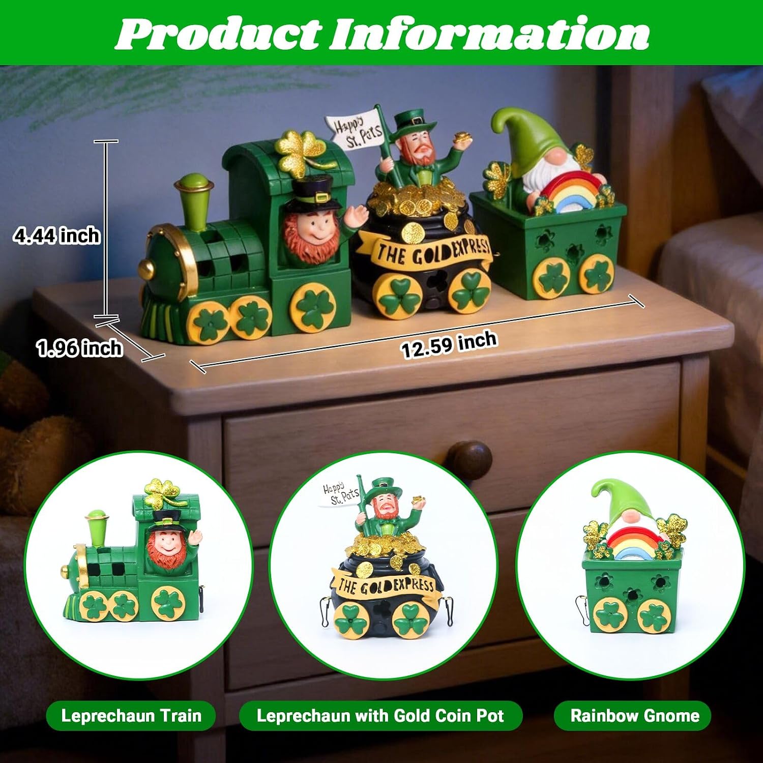 St Patricks Day Decorations Train, Lighted Saint Patrick Decorations for Table, Leprechaun Figurines Resin Table Centerpieces, Ireland St Patricks Train Tabletop Decorative for Home