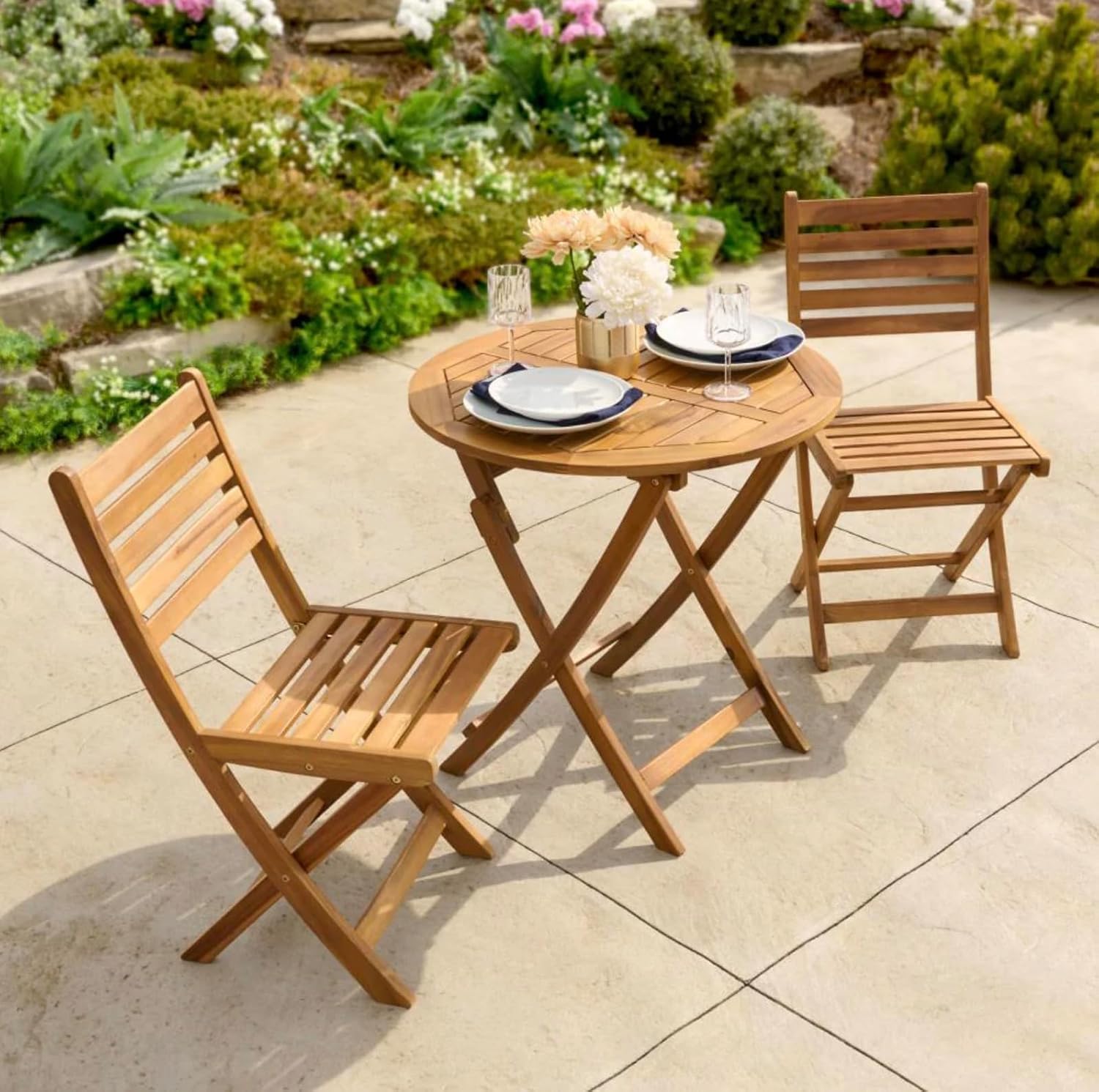Patio Wise Folding Patio Chair Set of 2 – Foldable Acacia Wood Outdoor Chairs for Backyard, Balcony, Porch, or Garden – 15.5" W x 15.75" D x 32" H, Teak Finish