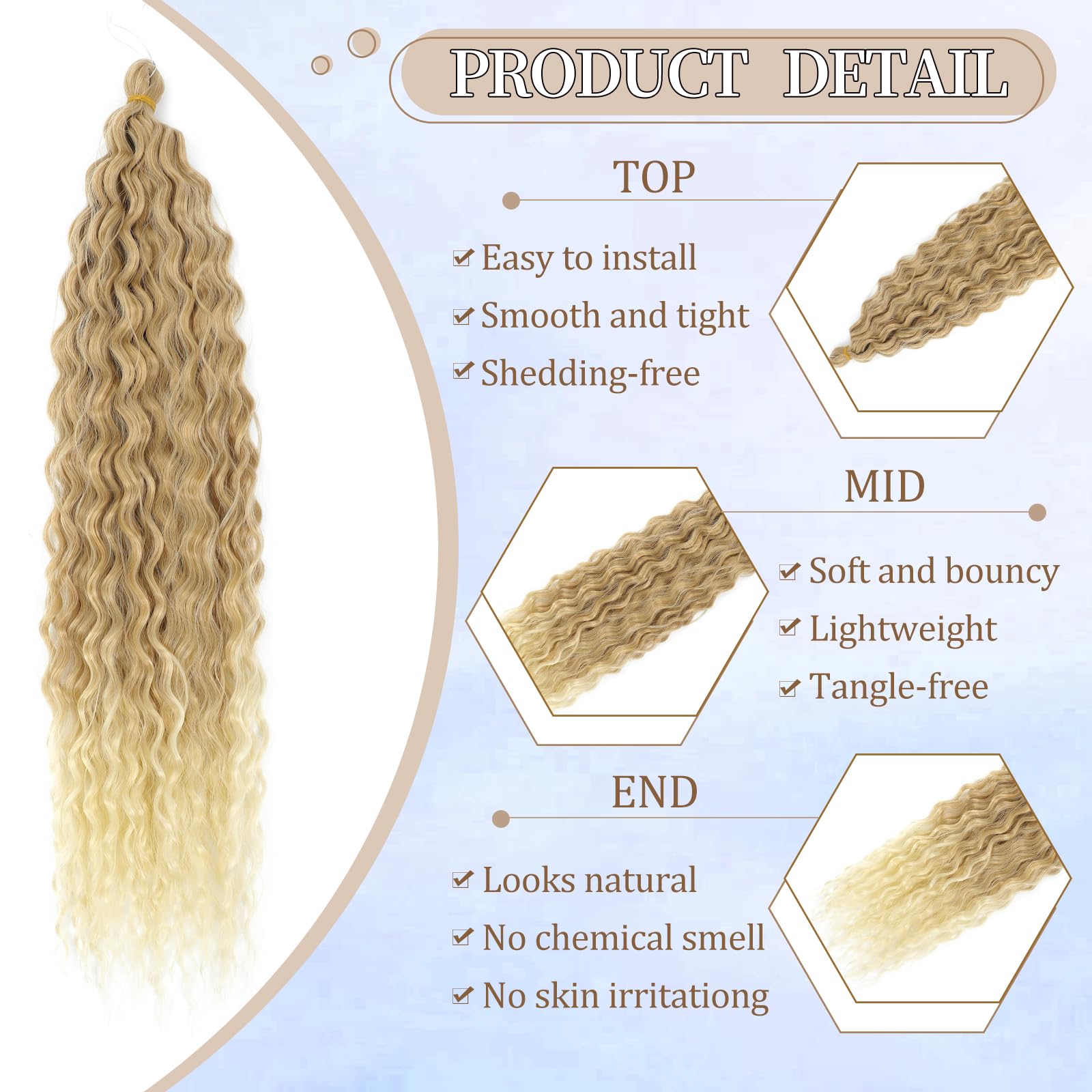 FANLUTYIN 22 Inch Curly Crochet Braiding Hair 3 Packs Ocean Wave Crochet Hair Extensions Deep Wave Synthetic Braiding Hair Curls Hair Twist Water Wave Braided Hair (27/613# - Image 2