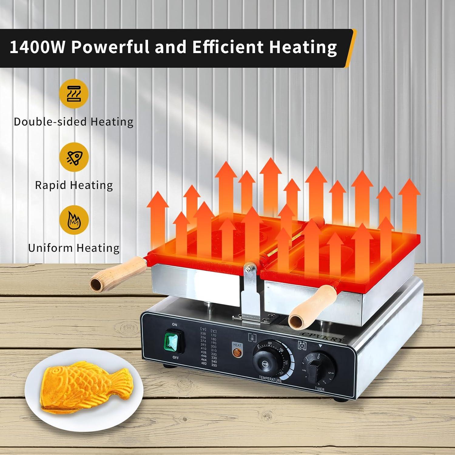 Taiyaki Waffle Maker/Fish-Shaped Waffle Iron Ice Cream Waffle Cone Maker/Non-Stick Teflon Coating,50-300℃/122-572℉ Adjustable