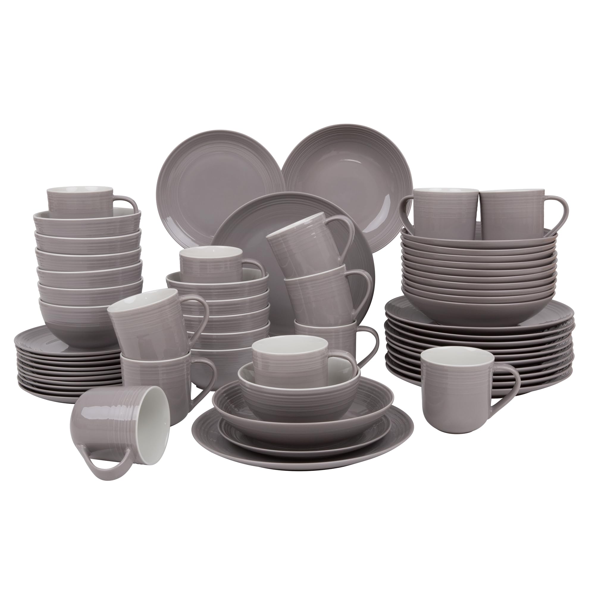 AMBITION Tafel und Kaffeeservice 12 personen Linea 60-teilig Porzellan Teller Tassen Schalen dezente Linien Spülmaschine & Mikrowelle grau