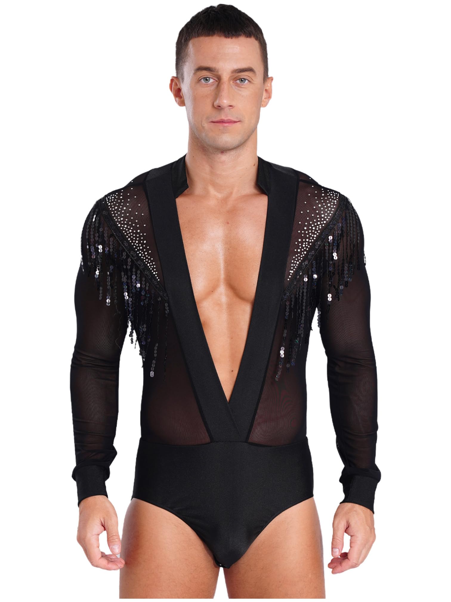 MSemis Maillot Baile Latino para Hombres Body Manga Larga de Gimnasia Rítmica Patinaje con Cuello en V y Diamantes Brillantes Mono de Danza Jazz Tango Salón