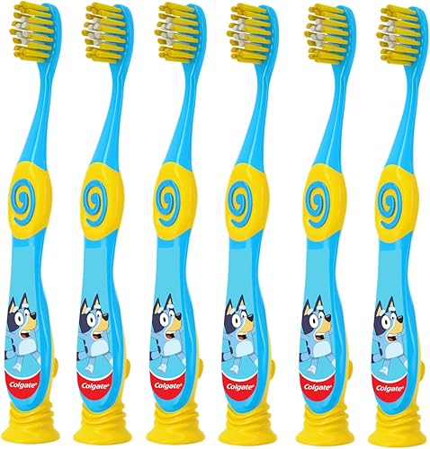 Colgate Bluey - Cepillo de dientes para niños con ventosa, niños de 2 a 5 años, extra suave (colores y personajes muy), paquete de 6
