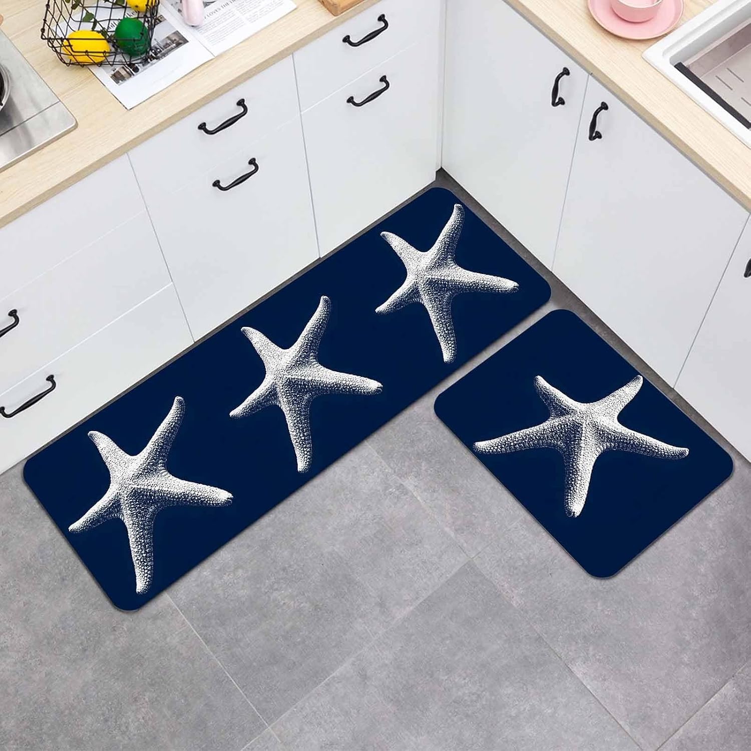 Prime Leader Summer Beach Starfish Kitchen Mat Set 2 Pieces Modern Nautical Coastal Ocean Marine Life Blue Non Slip Kitchen Rugs Washable Runner Rug Mats for Sink Laundry (19.7" x 31.5"+19.7" x 63")