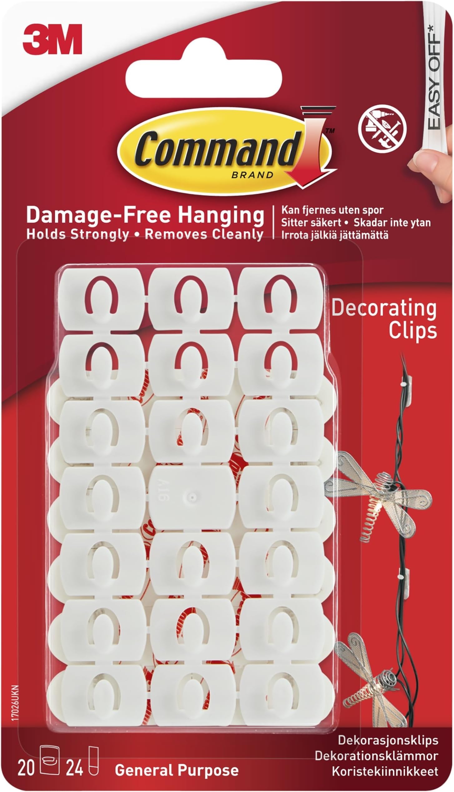 Command 17026 Decoration Clips for Christmas and Fairy Light - White, 20 Clips and 24 Strips