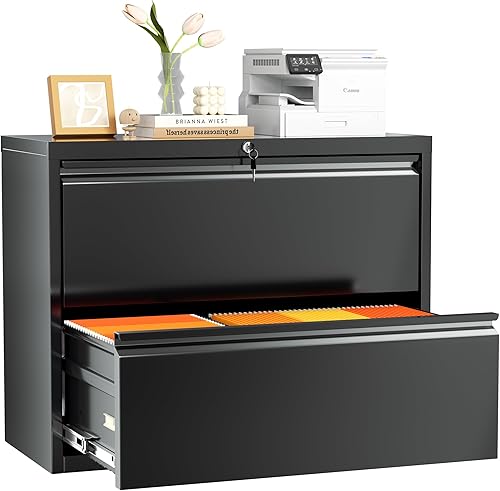 INTERGREAT Archivador lateral con 2 cajones, archivadores de metal negro para oficina en casa, archivador de bloqueo para archivos colgantes de