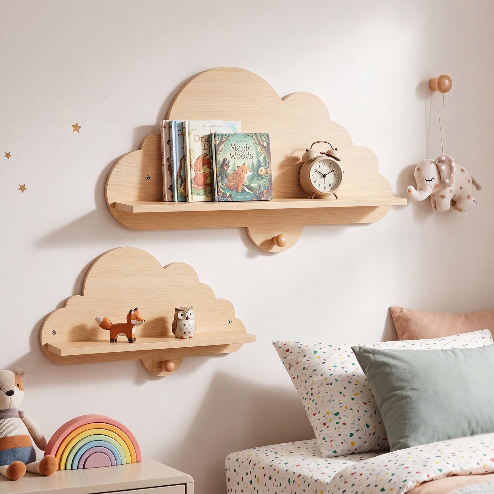 COSTWAY Lot de 2 Étagère Murale Enfant en Forme Nuage, Étagère Livre Enfant en Bois, Bibliothèque Flottante Montessori pour Livre Jouet pour Chambre Salle de Jeux (Naturel)