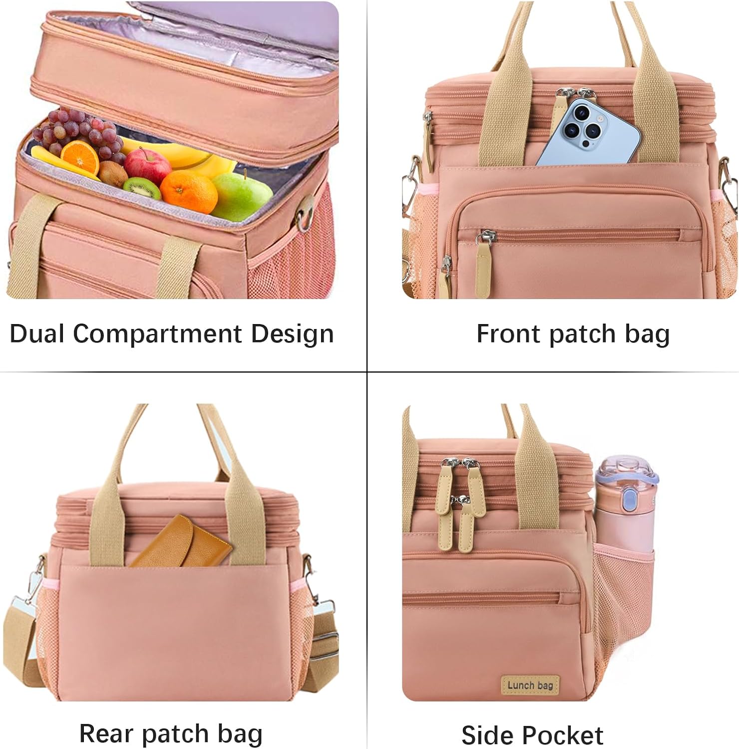 Expandable Lunch Bag for Adults, 16L Insulated Double Layer Lunch Box, Leak-Proof Cooler Lunch Bag with Multi Pockets, Waterproof Reusable Lunch Tote for Work Office Picnic Travel (Purple)