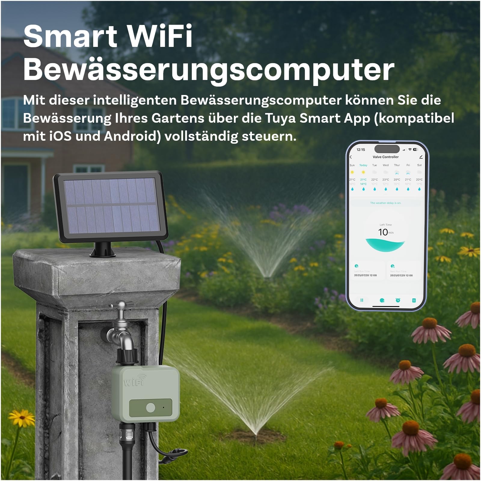Smart WiFi Bewässerungscomputer von MMOBIEL – Solar- & USB-betriebene Automatische Bewässerungssteuerung - 30m Reichweite, Flexibler Bewässerungsplan, Wetterfest, Einfaches Setup für Garten & Rasen