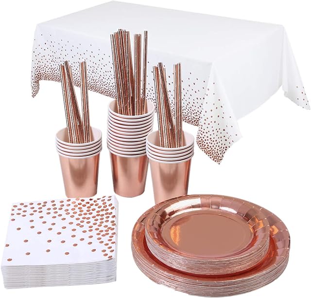TOPWAYS® Rose Gold Party Tableware, Party Supplies Gold Dot Tablecloth Plates Cups Straws Foil Napkins Paper Disposable Dinnerware Set for Birthday, Weddings, Anniversary Decorations (16 Guests)