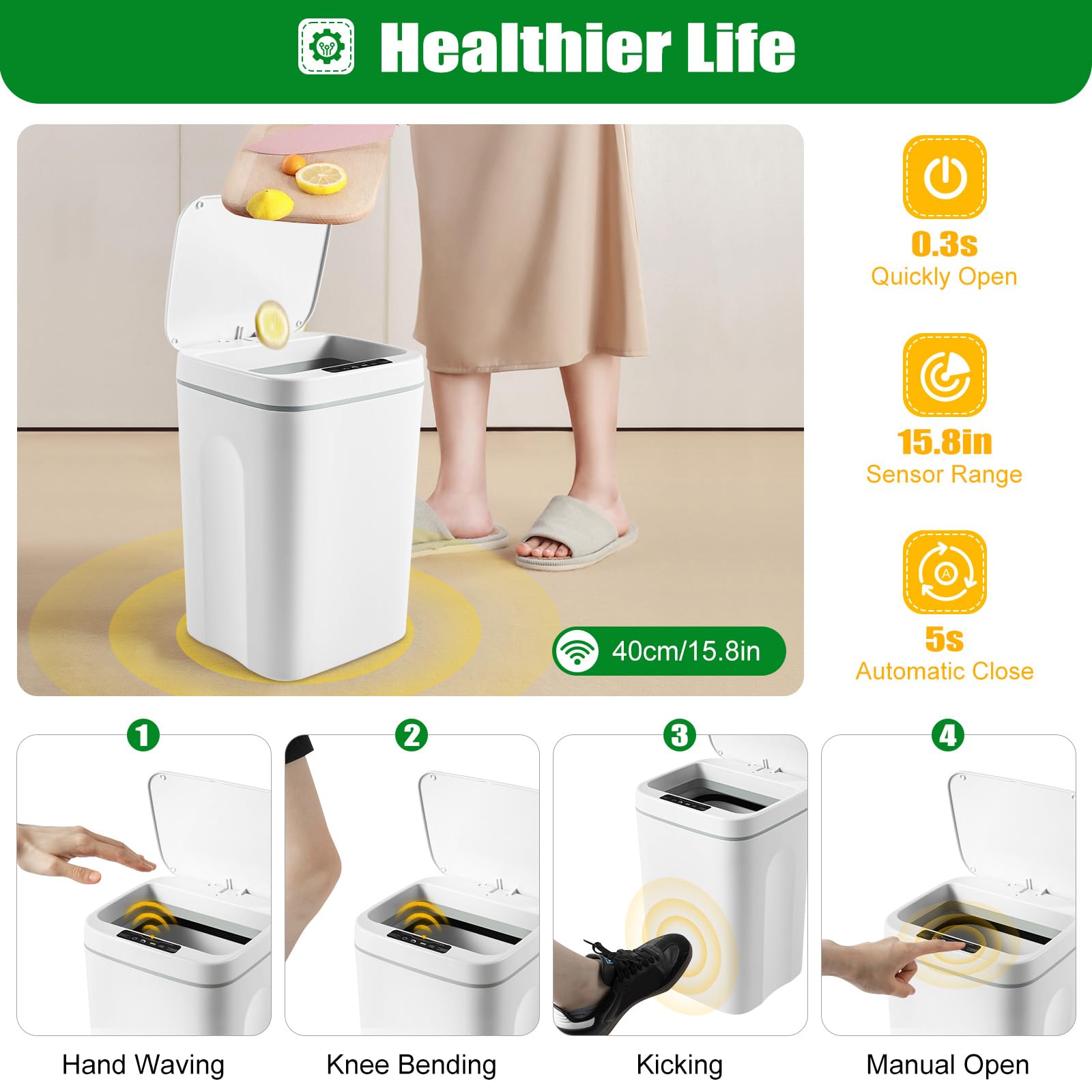Cubo de basura automático con sensor, 16 l, con sensor, cubo de basura eléctrico sin contacto, 0,3 segundos de apertura automática, sensor para cocina, dormitorio, baño